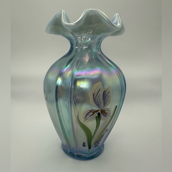 Fenton Irises on Mist Blue Satin Iridescent Opalescent Hand Painted Aurora Vase - Picture 4 of 7